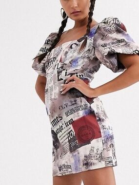 Jaded London Newspaper Print Puff Sleeve Mini Dress - White, Black & Red